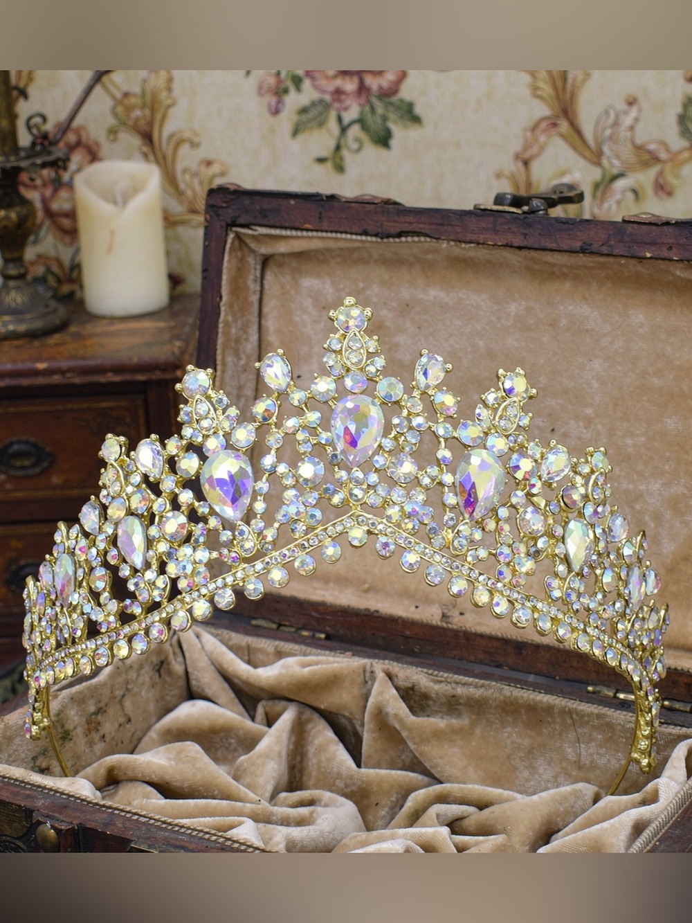 Gold Aurora Crystal Bridal Tiara - Iridescent Gold Crown